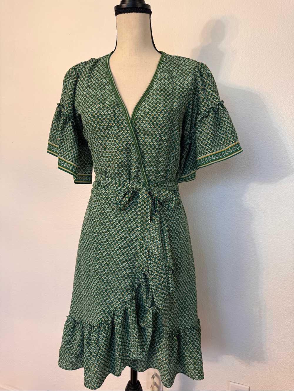 Max Studio Green Printed Wrap Midi Dress with Ruffle Hem
